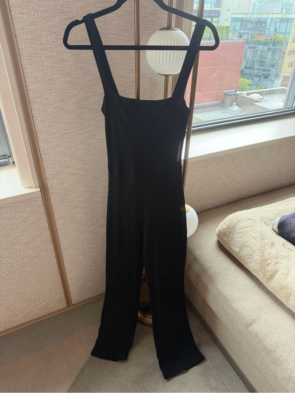 Reformation Black Ribbed Square-Neck Jumpsuit